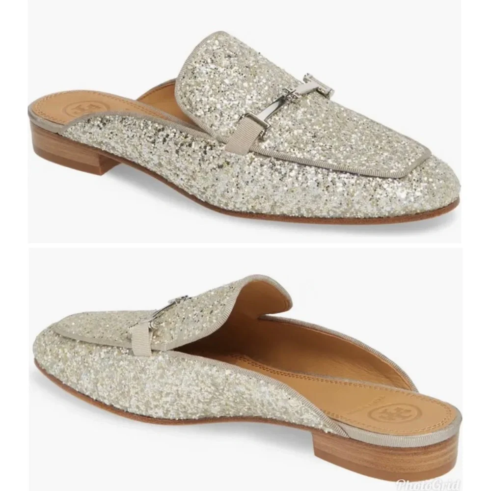 TORY BURCH Amelia Glitter Silver Mules - Picture 6 of 8
